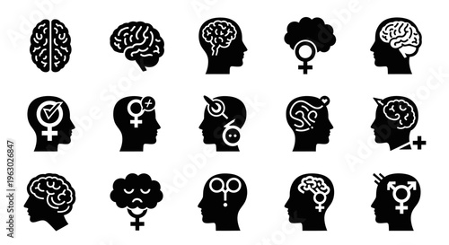 Collection of Brain and Gender Icons Representing Mind and Identity.