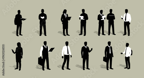 Collection of Business People Silhouettes Standing and Holding Documents.