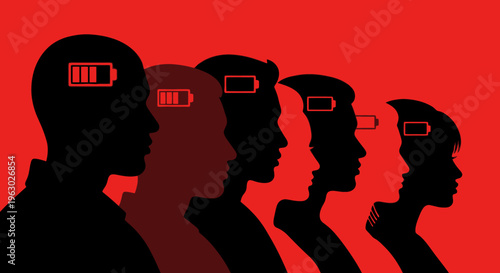 Silhouettes of people with low battery icons in their heads.