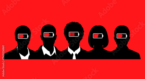 Silhouettes of people with low battery indicators in their eyes.