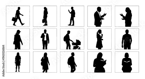 Collection of diverse human silhouettes in various poses and activities.