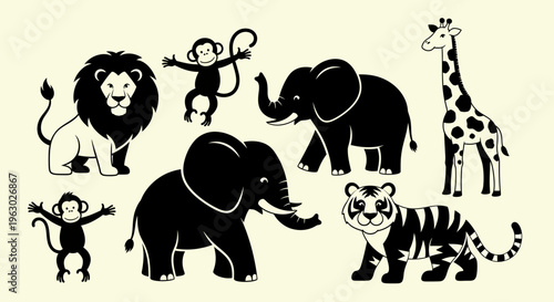 Collection of Diverse African Wildlife Silhouettes in Black and White.