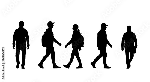 Silhouettes of people walking in various poses.