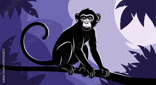 Silhouette of a monkey sitting on a tree branch.