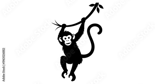 Silhouette of a Monkey Swinging on a Vine.