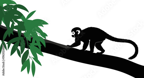 Silhouette of a monkey walking on a tree branch.