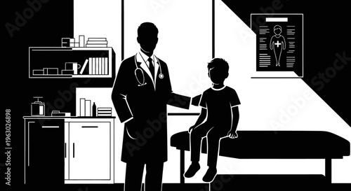 Doctor examining a young boy in a medical examination room.