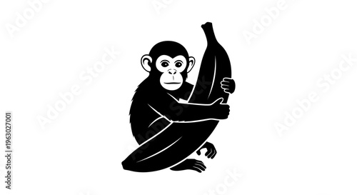 Stylized Black Monkey Hugging a Large Banana Icon.