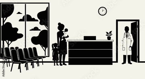 Doctor waiting room with people and medical professional.