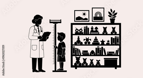 Doctor measuring height of a young boy in a clinic.