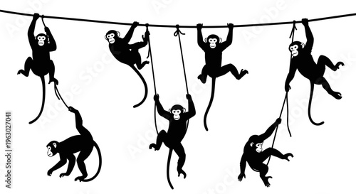 Seven Silhouettes of Monkeys Swinging on a Wire.