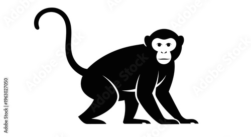 Stylized Black Monkey Silhouette on White Background.