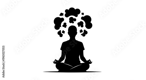 Silhouette of a person meditating with thoughts represented as clouds.