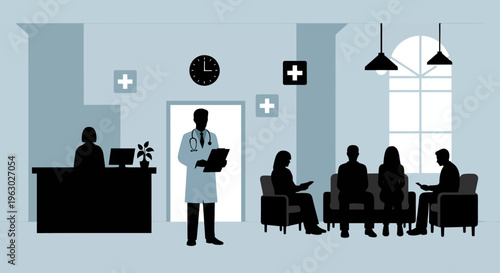 Doctor with Stethoscope and Clipboard in Medical Waiting Room.