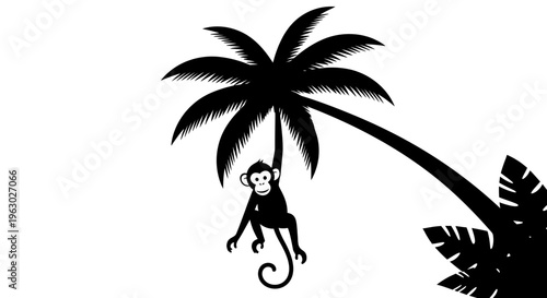 Silhouette Monkey Hanging From Palm Tree Branch.