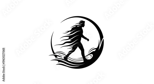 Silhouette of a person walking with flowing hair.