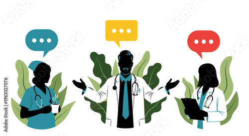 Doctors Discussing Medical Information with Speech Bubbles.