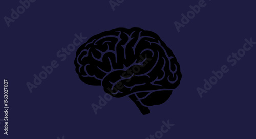 Stylized Dark Silhouette of Human Brain on Purple Background.