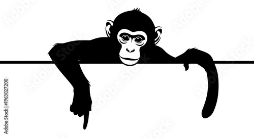 Silhouette of a chimpanzee hanging from a horizontal line.