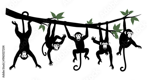 Five Silhouettes of Monkeys Hanging on a Tree Branch.