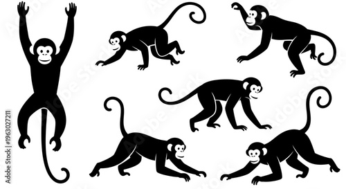 Collection of Silhouetted Monkeys in Various Poses.