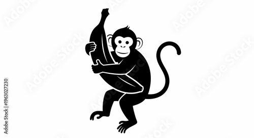 Stylized Silhouette of a Monkey Holding a Banana.