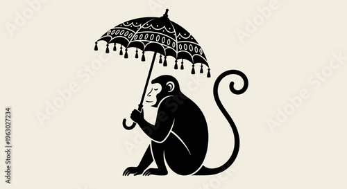 Stylized Silhouette of a Monkey Holding an Ornate Umbrella.