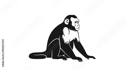 Stylized Silhouette of a Sitting Monkey in Black and White.