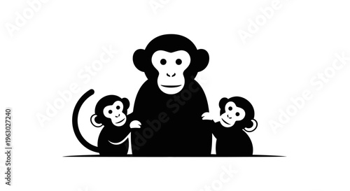 Stylized Silhouette of a Mother Monkey with Two Youngster Monkeys.