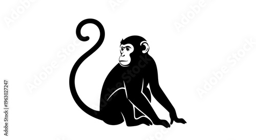 Stylized Silhouette of a Sitting Monkey with Curled Tail.