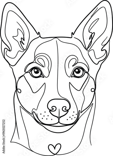 Symmetrical Continuous One Line Dog Head Drawing Featuring Heart Detail for Minimalist Pet Love Branding and Simple Animal Tattoo Design
