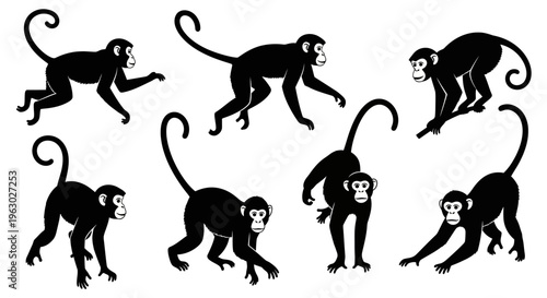 Collection of Silhouetted Monkeys in Various Poses.
