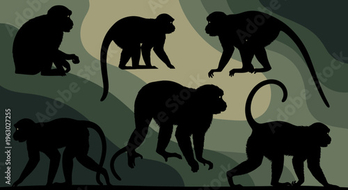 Collection of Silhouetted Monkeys in Various Poses.