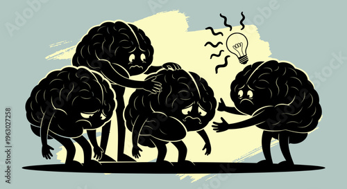 Four cartoon brains interacting with one having an idea.