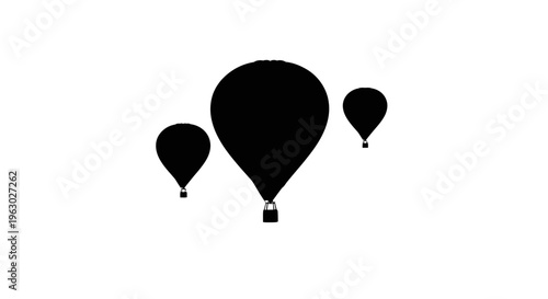 Three Black Hot Air Balloons Silhouette Isolated White Background.