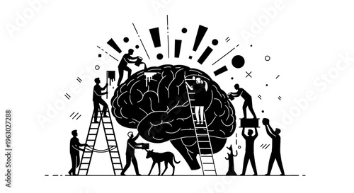 Teamwork and Collaboration Building a Giant Brain Illustration.