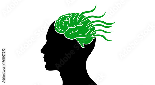 Green Brain Emerging from Human Silhouette Head.