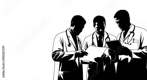 Three Doctors Collaborating on Medical Documents.