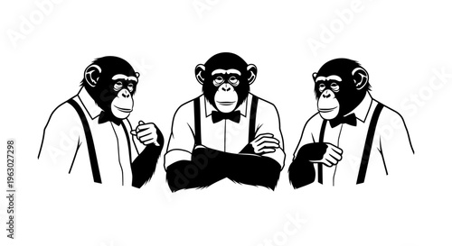 Three Chimpanzees Dressed in Formal Attire.