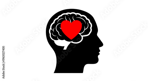 Heart Symbol Inside Human Brain Silhouette.
