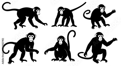 Collection of Six Silhouette Monkeys in Various Poses.