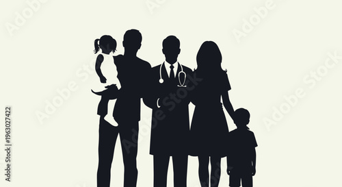 Silhouette of a doctor with a family.