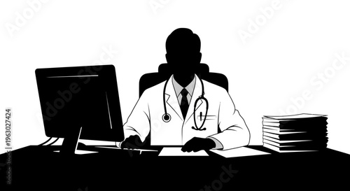 Silhouette of a doctor sitting at a desk with a computer.