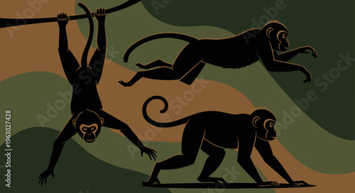 Three Silhouetted Monkeys in Dynamic Poses.
