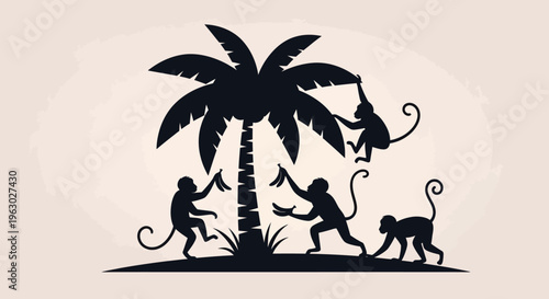 Silhouette of Monkeys Playing Around a Palm Tree.