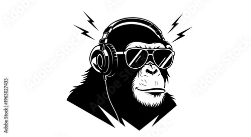 Cool chimpanzee wearing headphones and sunglasses listening to music.