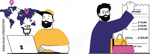 Two men depicting international online shopping with receipts, bags, laptop, and global delivery icons shown cheerfully