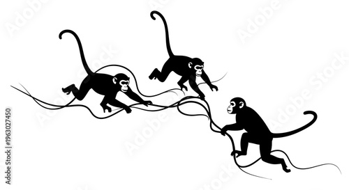 Three Silhouetted Monkeys Swinging on Vines.