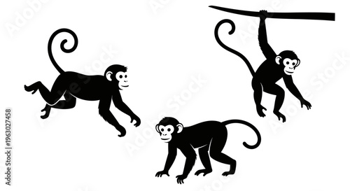 Three Silhouettes of Monkeys in Dynamic Poses.