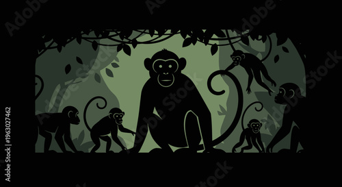 Silhouette of a Family of Monkeys in a Jungle Setting.
